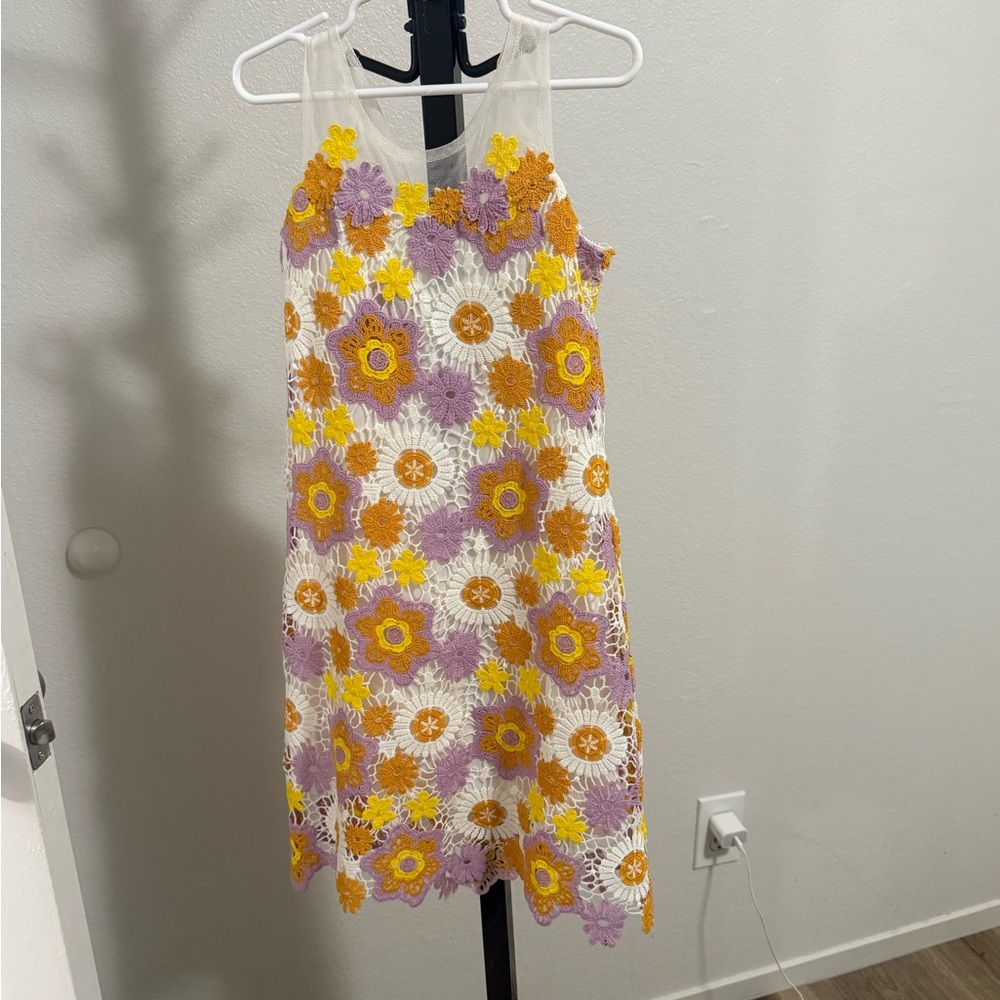 Floral Crochet Kids Dress - Purple, Yellow, White